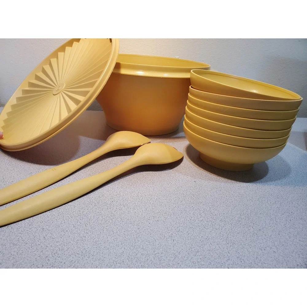 Vintage Tupperware Harvest Gold Salad Set 274-1 Bowl Lid 7 Bowls Tongs 10pc